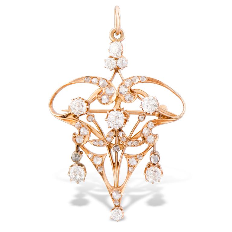 A BROOCH / PENDANT, old cut diamonds, 14K (56) gold. Russia, early 20th century.