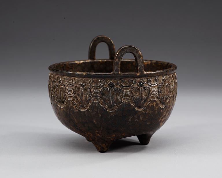 A bronze imitating porcelain tripod censer, presumably late Qing dynasty with Qianlong seal mark.