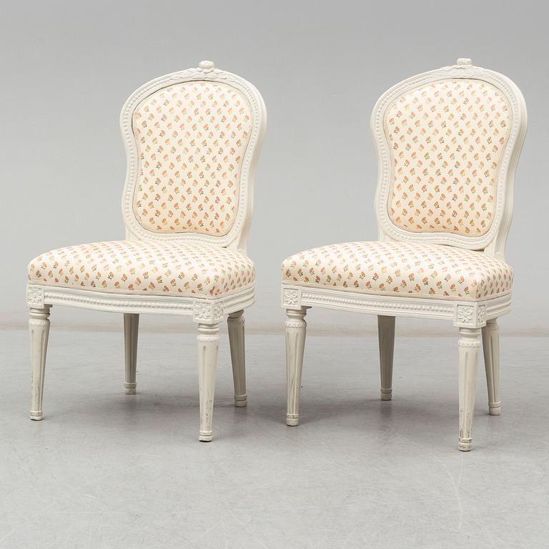 A Gustavian chair by Jakob Malmsten (master in Stockholm 1780-1788). One later copy included.