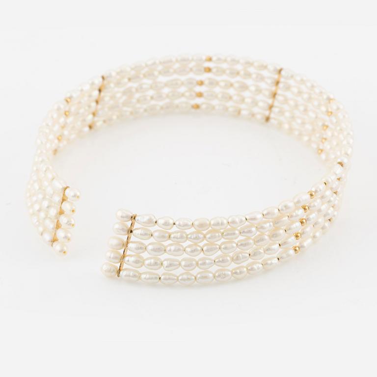 Five-row collar/choker with cultured freshwater pearls and 14K gold beads.
