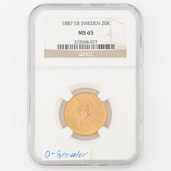 Gold coin, Oscar II, 20 kronor, type III, Sweden 1887.