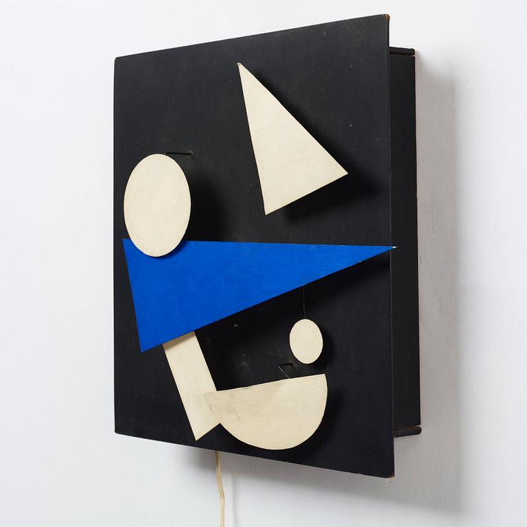 Jean Tinguely, "Eléments blanc et bleu sur fond noir".