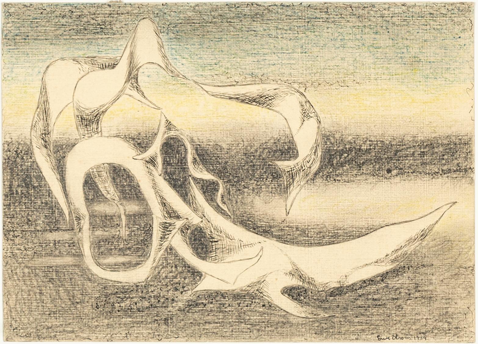 Erik Olson, mixed media on paper, signed and dated 1934.