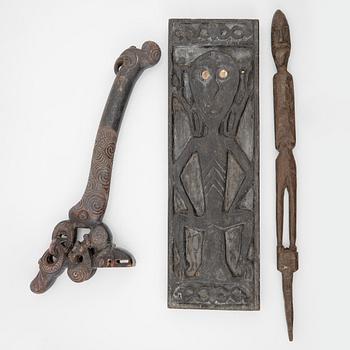 A group of three wooden Asmat carvings, Indonesia, Jakarta, 20th century.