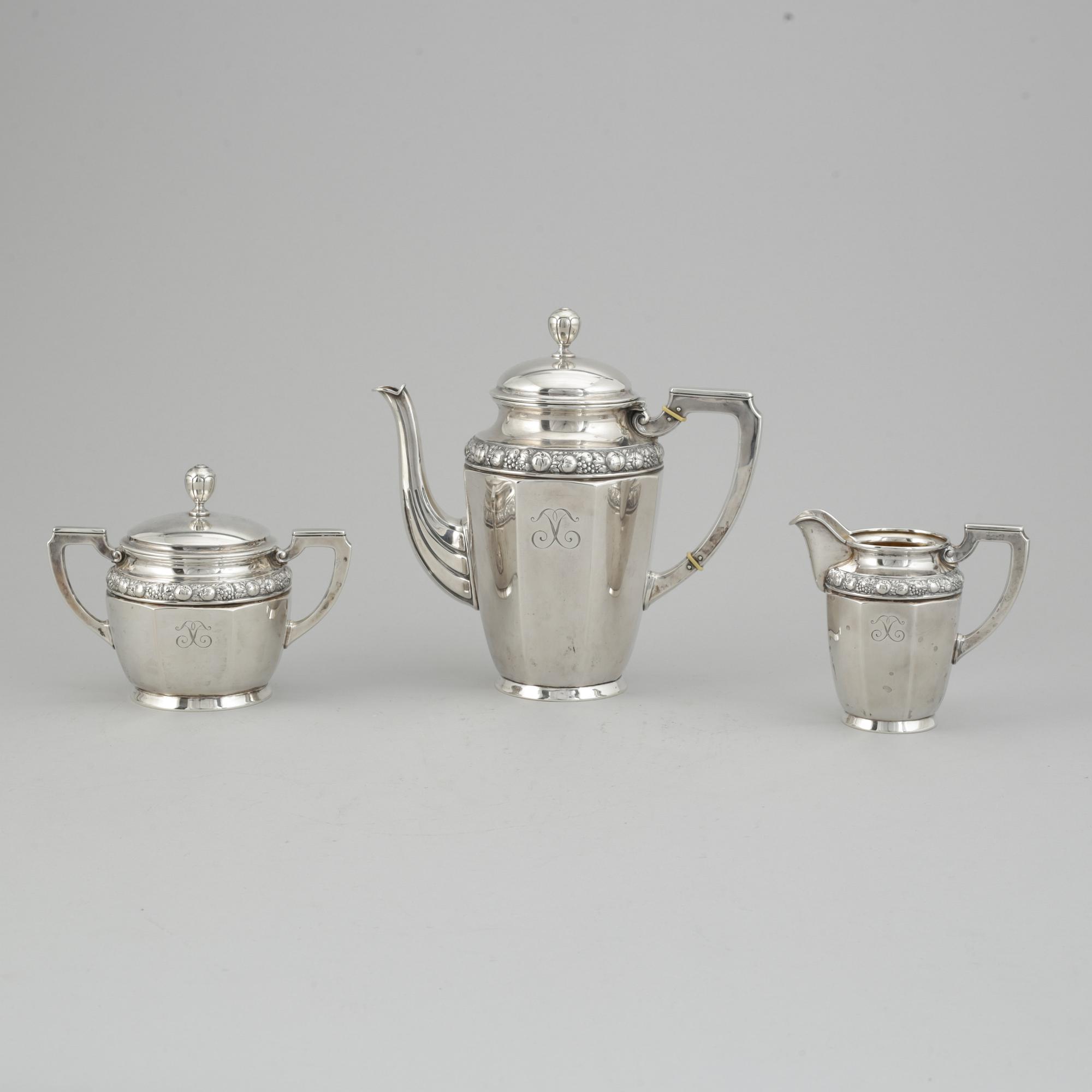 A three pieces silver coffee service from CG Hallberg, Stockholm 1916.