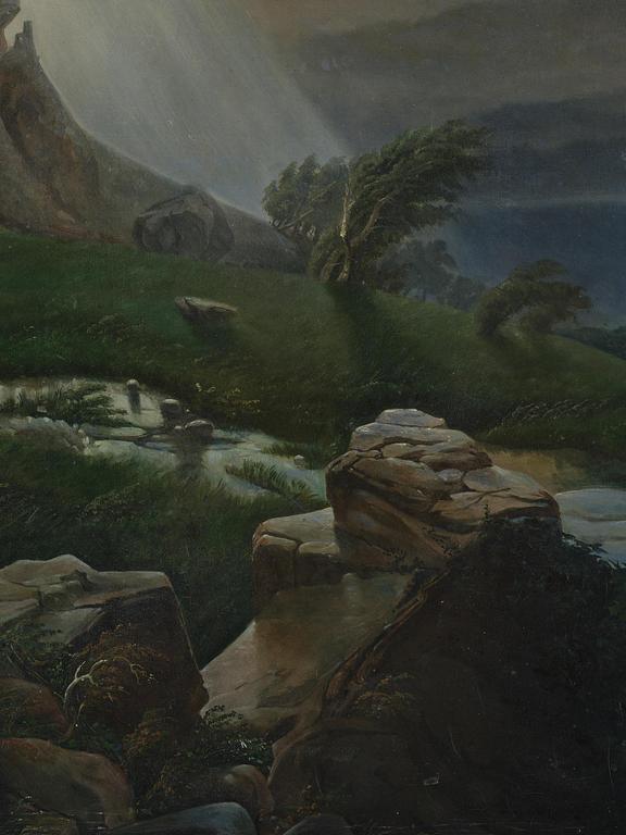 Okänd konstnär, 1800-tal, Oväderslandskap med herdinna och får.