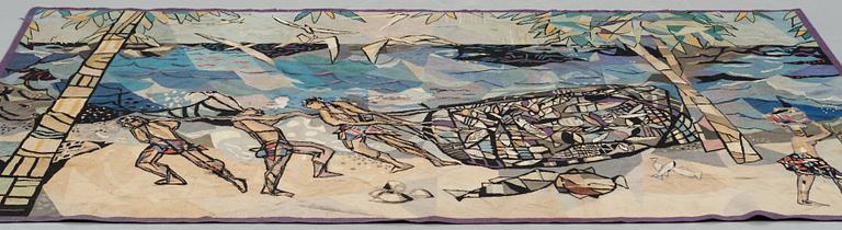 Lars Gynning, A TAPESTRY, "Les Pêcheurs de Puerto Rico", tapestry weave, ca 147,5-148,5 x 239 cm, signed PF Gynning.