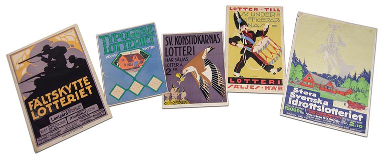 AFFISCHER, 5 st, tryck, lotteriplanscher bla "Fältskyttelotteriet", 1910-tal.
