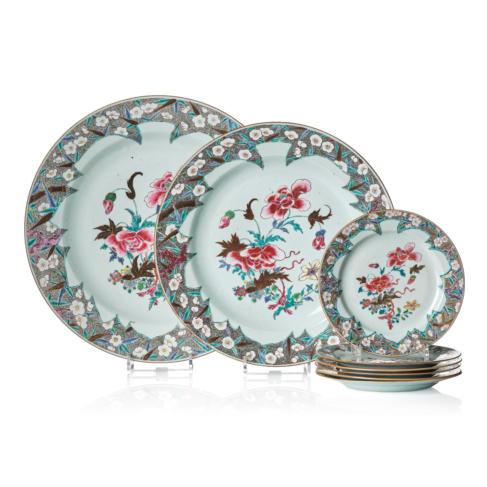 Two famille rose serving dishes and six dinner plates, Qing dynasty, Qianlong (1736-95).