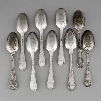 MATSKEDAR, 9 st, silver, bla Lindegren, Borås 1784. Tot ca 547 gram.