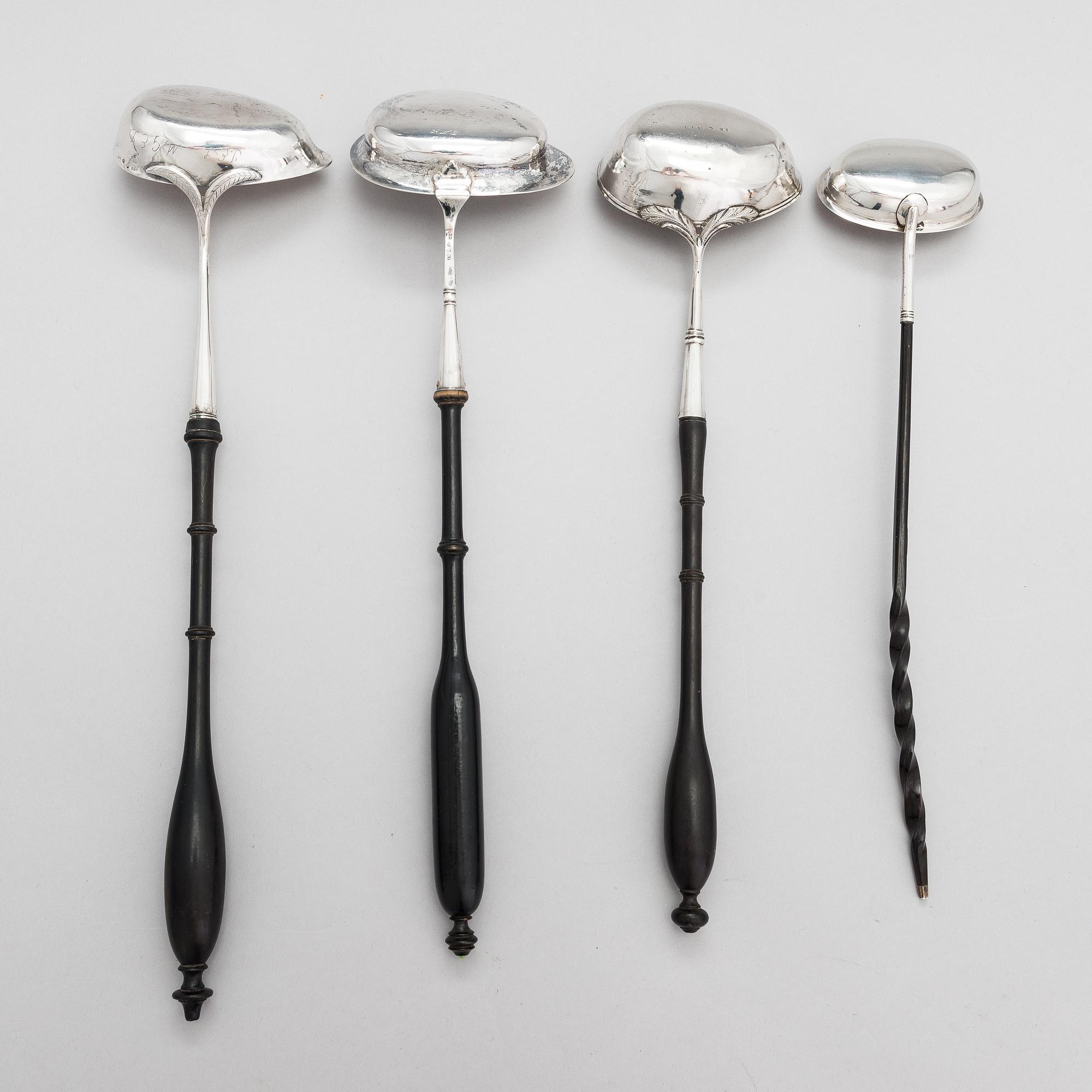 Four silver ladles, Sweden and England, 18th and 19th centuries.