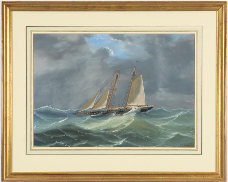 Tomasso de Simone, Tvåmastade skonaren "Alcalda" i hårt väder.