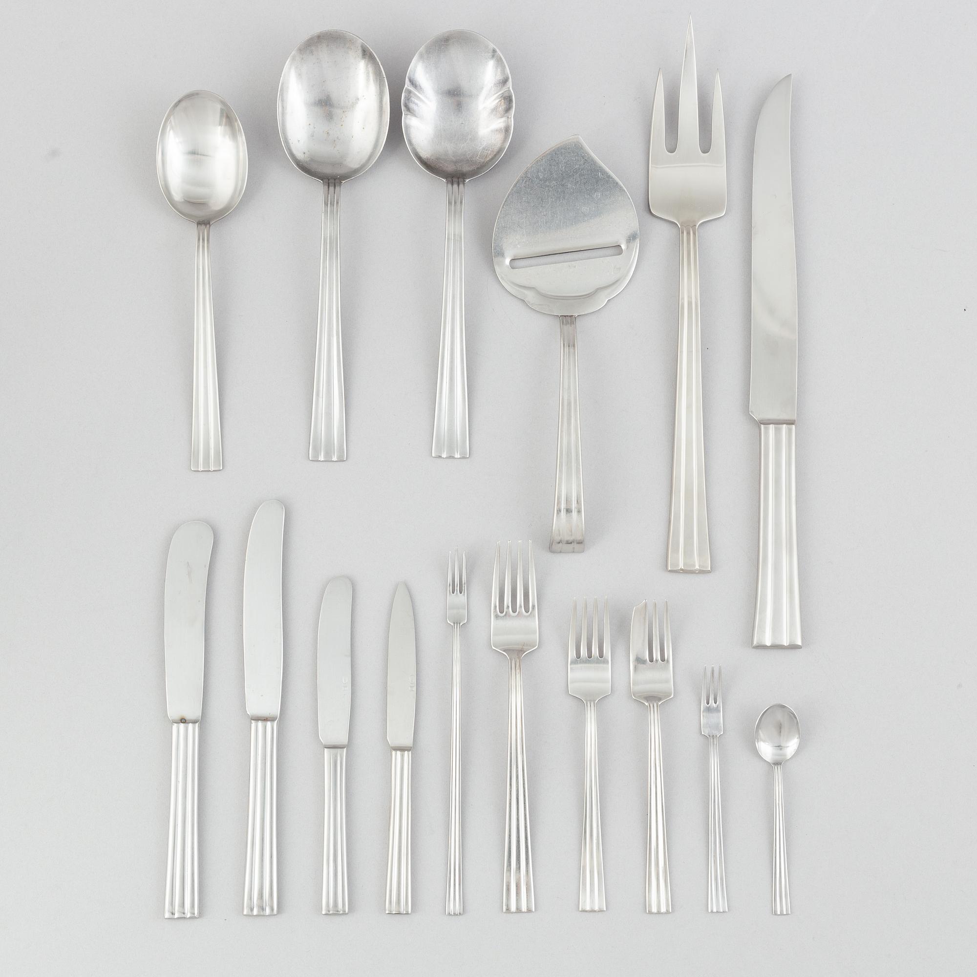 Folke Arström, besticksservis, 92 delar, samt bricka, såssnipa och shacker, rostfritt stål, "Thebe", Gense.