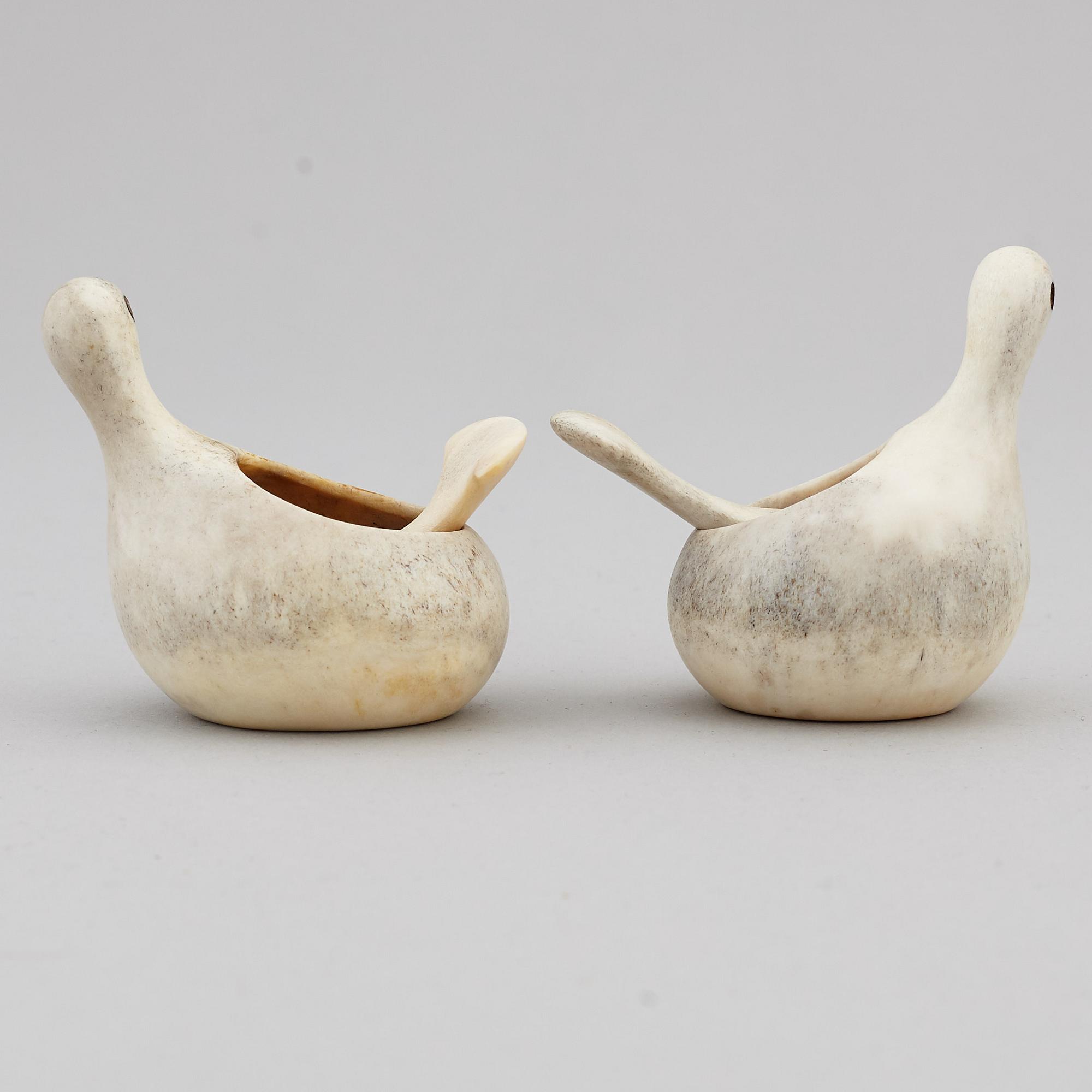 LARS PIRAK, two reindeer horn grouse salt cellars, signed.