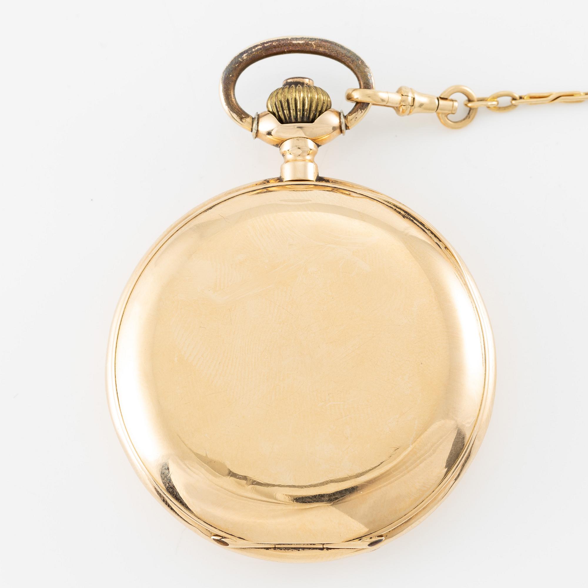 Grosjean Freres, pocket watch, 18K gold, hunter, chain in 18K gold, 53 mm.
