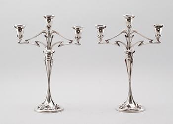 KANDELABRAR, 1 par, nysilver, jugend, tidigt 1900-tal.