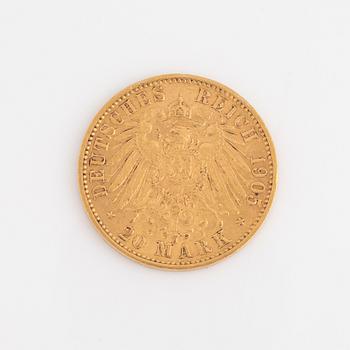 A German goldcoin, 20 mark, 1905.