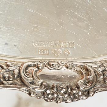 A Swedish silver Rococo style 4-piece coffee service, mark of Gewe, Malmö 1962-1978, and sugar tongs, Mylius, Norway.