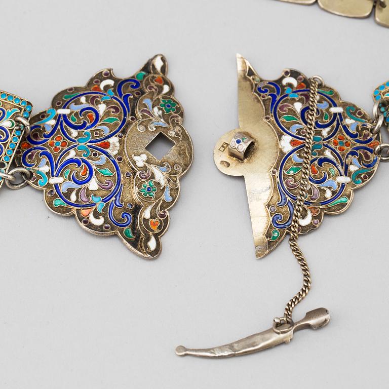 A Russian early 20th century silver and cloisonné-enamel belt, mark of Pyetr Milukow, Moscow 1899-1908.