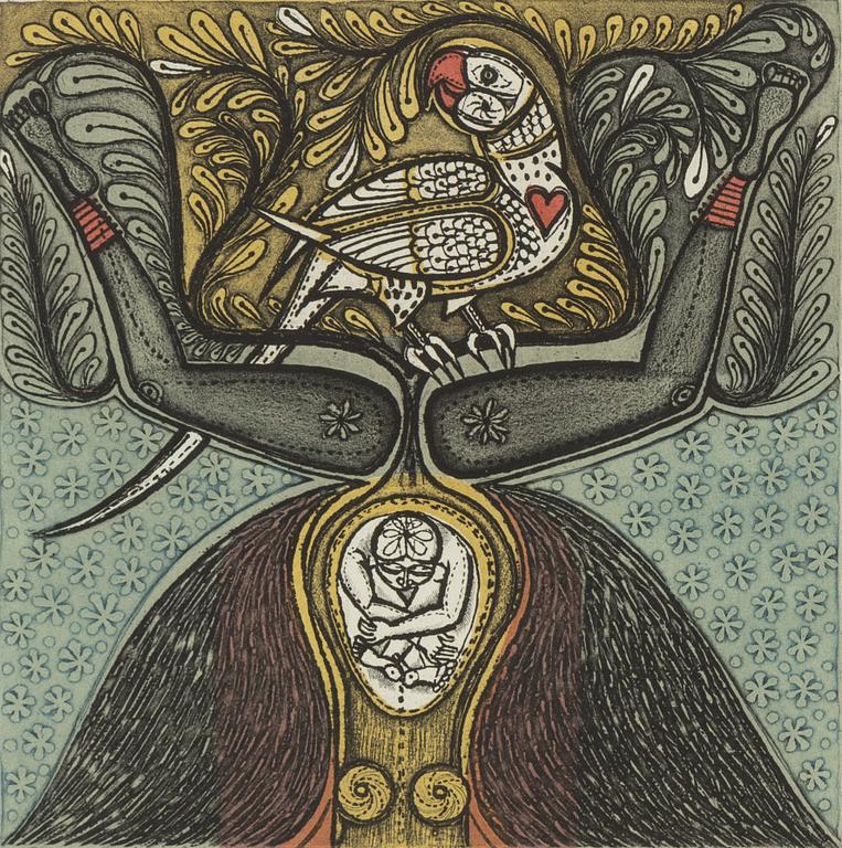 Jyoti Bhatt, etching in colours, 1978, signed AP.