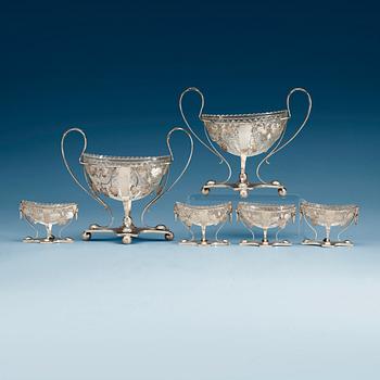 851. A set of six Danish silver and glas sugar-bowls and salts, marks of Mogens Klarschow, Copenhagen 1821.