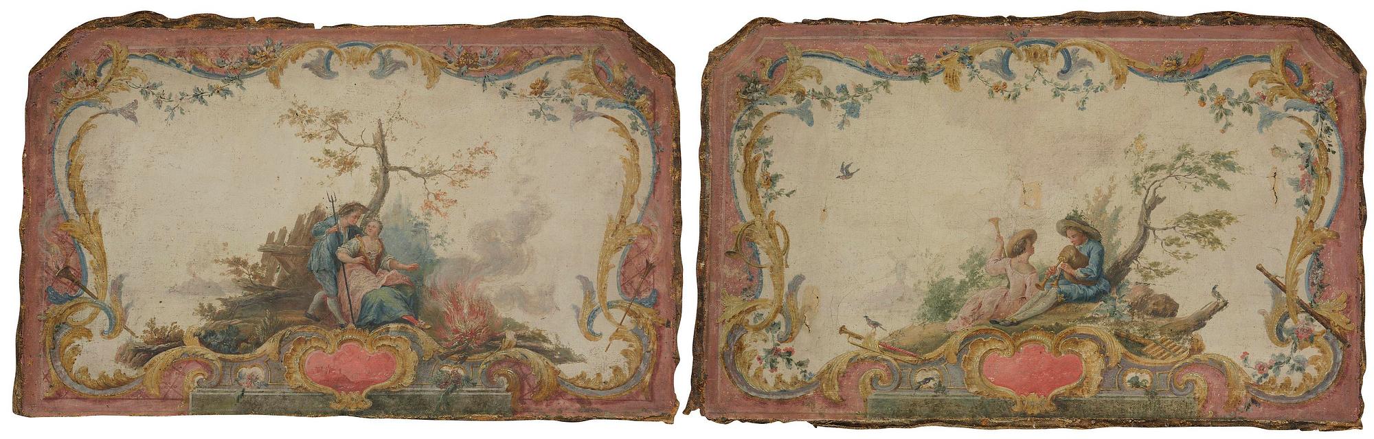 Lars Bolander, attributed to, Pastoral with shepherd and shepherdess, a pair, door overpanels.