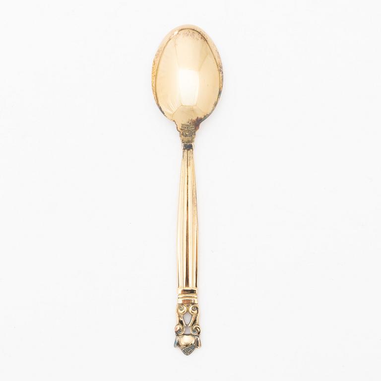 Johan Rohde, Six gilt sterling silver coffee spoons, 'Konge' / 'Acorn', Georg Jensen, Denmark.