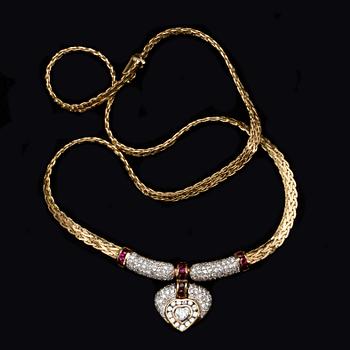 COLLIER samt RING, 18k guld besatta med små diamanter samt rubiner. Vikt tot ca 33 gram.