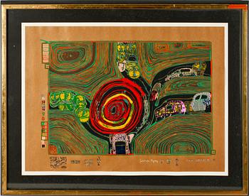 FRIEDENSREICH HUNDERTWASSER, färglitografi med guld- och silvertryck, signerad, numrerad 1764/3000.