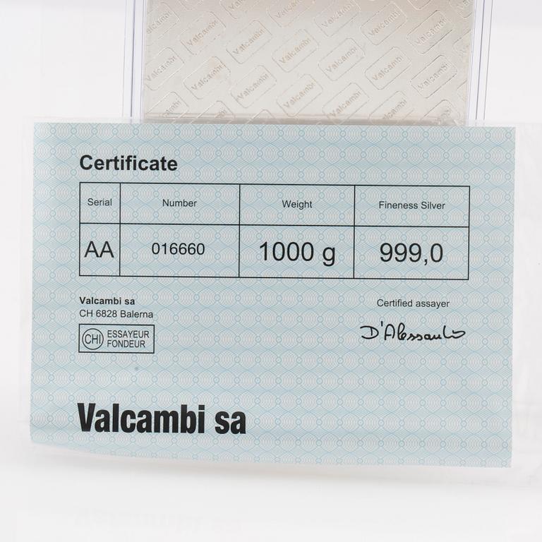 Silver bar 1kg 999 Valcambi Suisse.