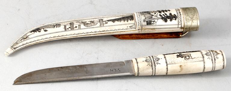 KÄPP SAMT KNIV, horn , trä, samearbeten. En sign VLH. Troligen 1900-talets första hälft.