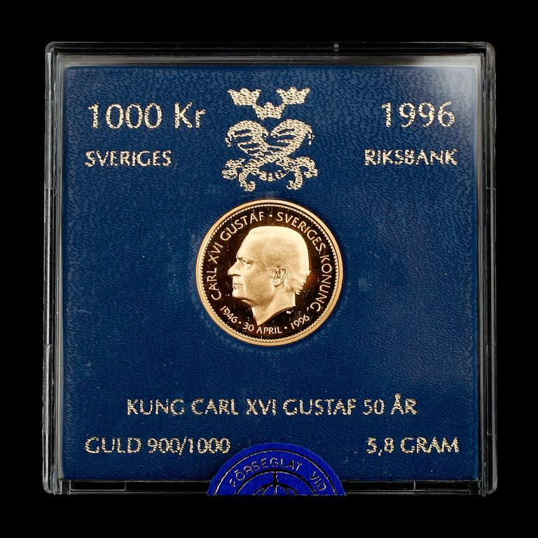 GULDMYNT, 1000 kr, Carl XVI Gustaf, 1996. Vikt 5,8 g.