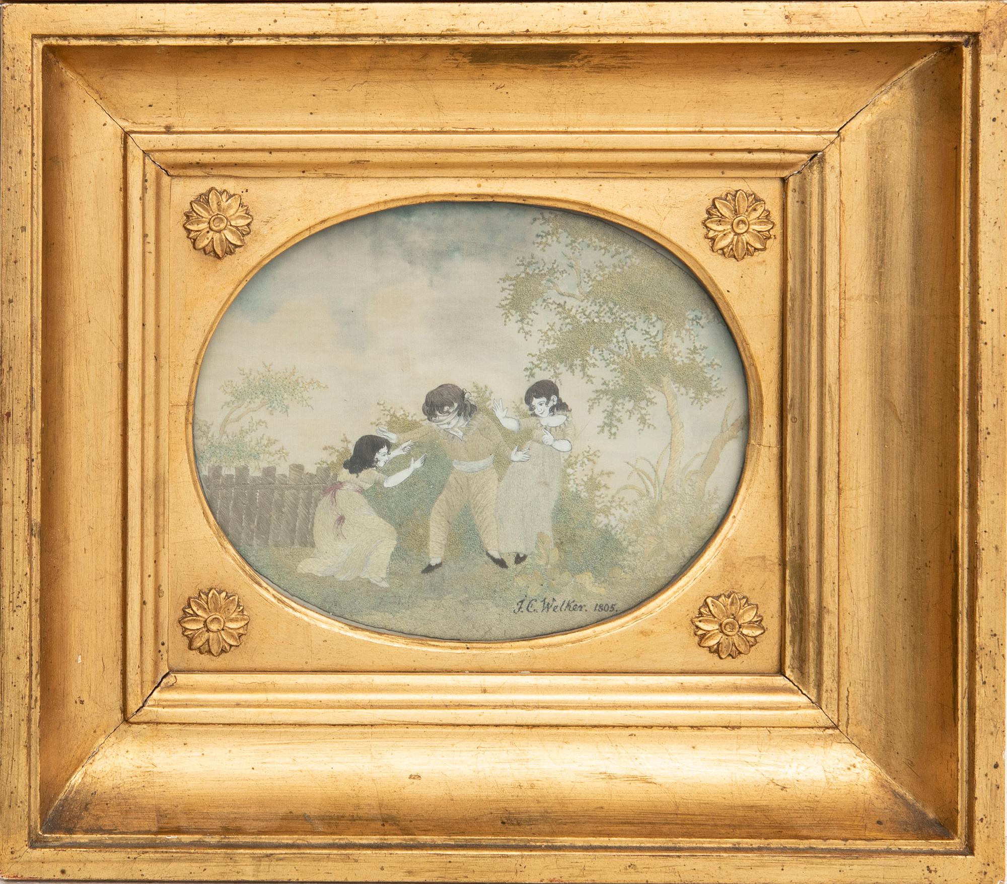 Embroidered pictures a pair of late Gustavian early 19th century.