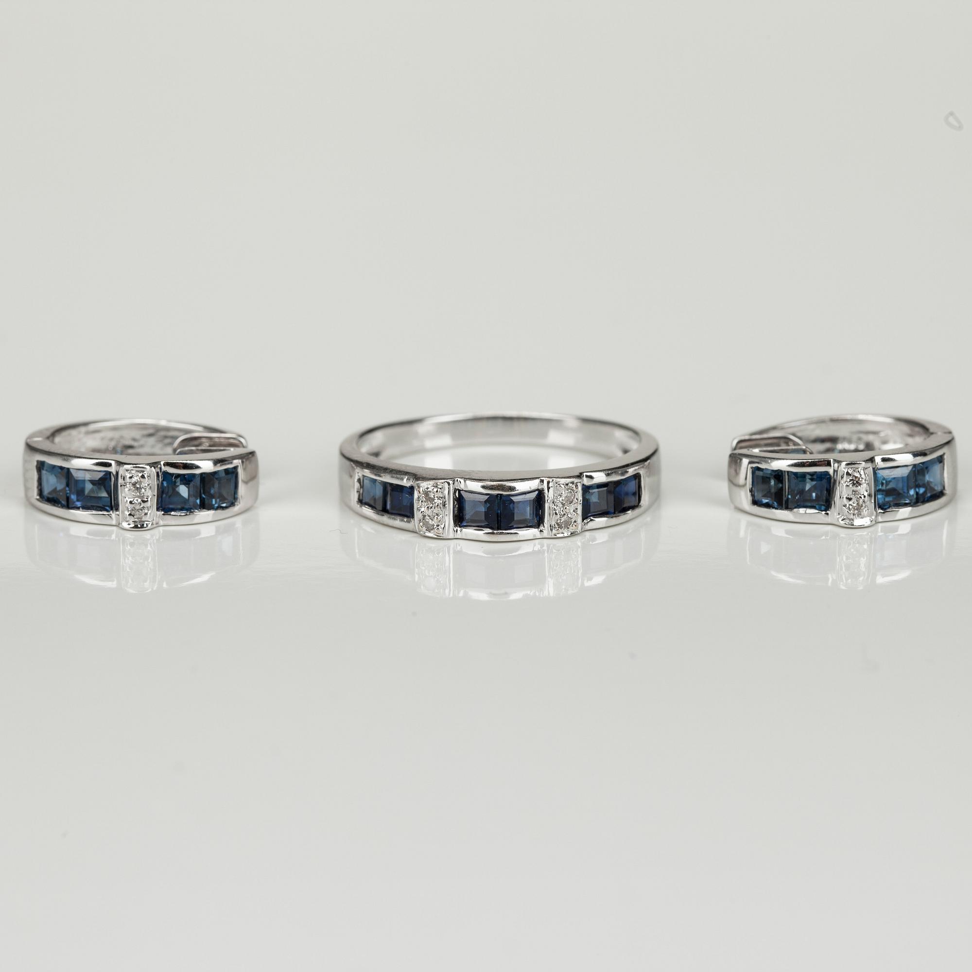 RING samt ÖRHÄNGEN, 18K vitguld, safirer tot. 1,80 ct, diamanter. Vikt 5,7 g.