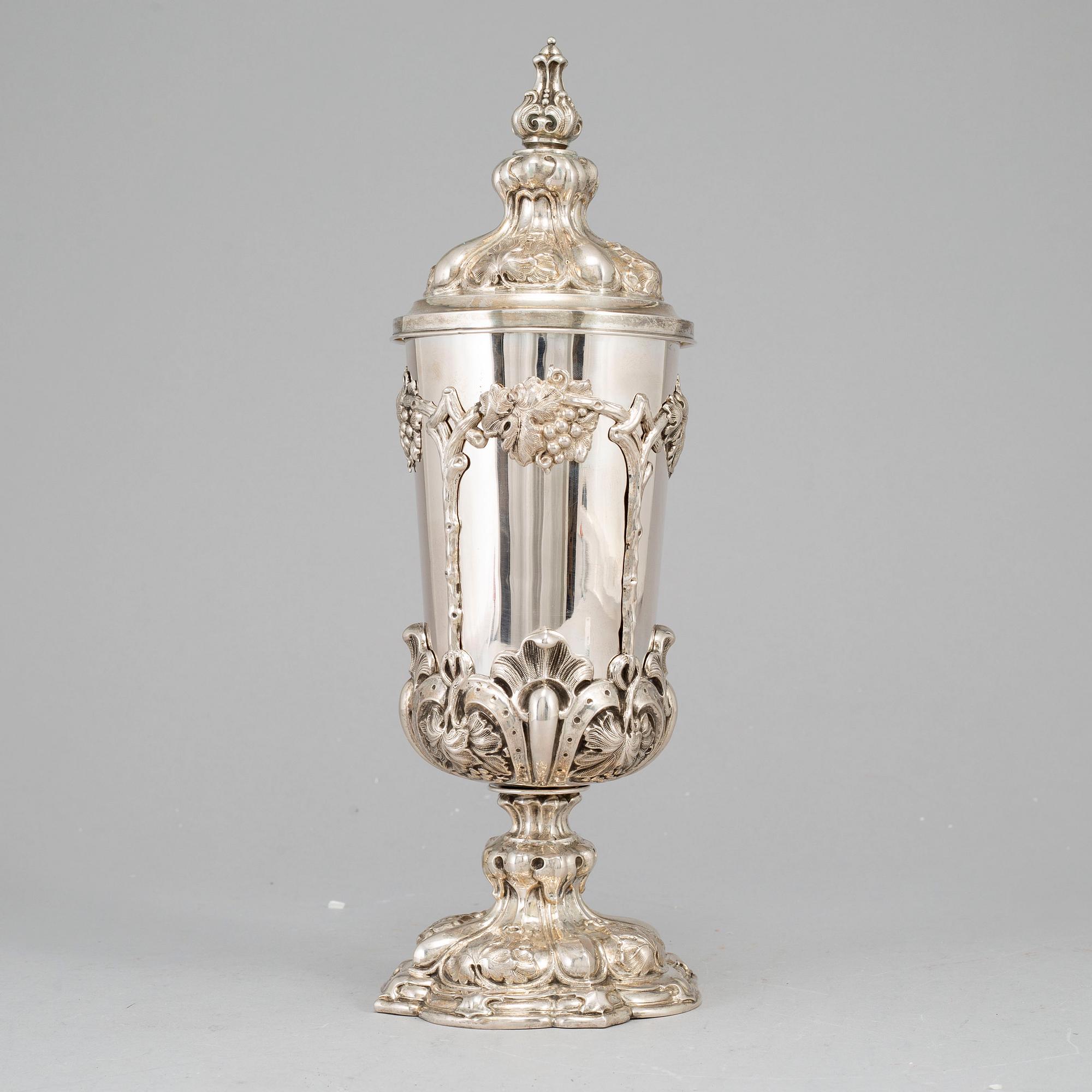 A German mid 19th century parcel-gilt silver cup and cover, marked Fürth.