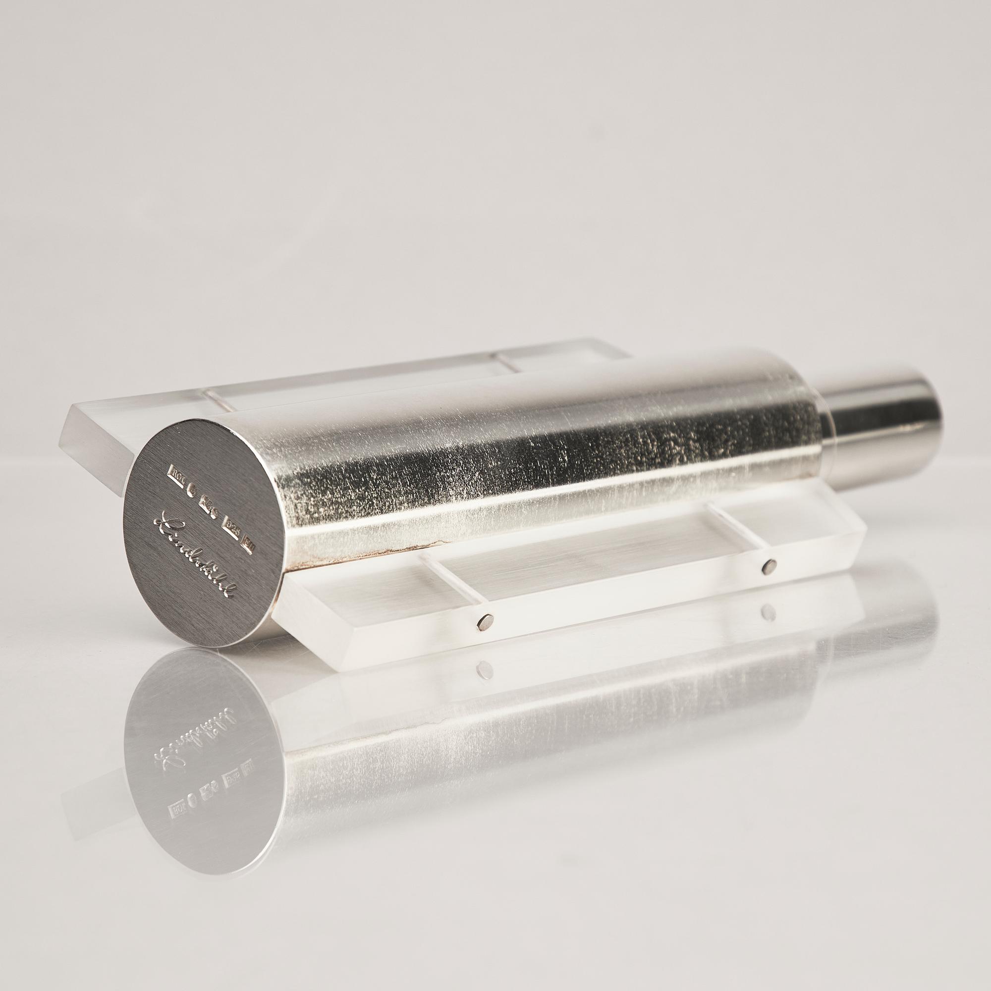 A sterling silver and acrylic bottle with lid, mark of Rolf Lindståhl, Stockholm 2003.