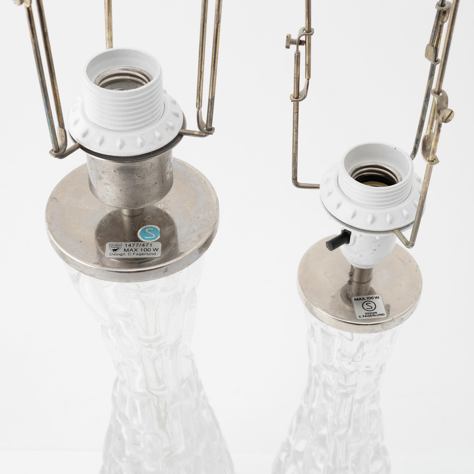 Carl Fagerlund, two glass table lights, Orrefors.