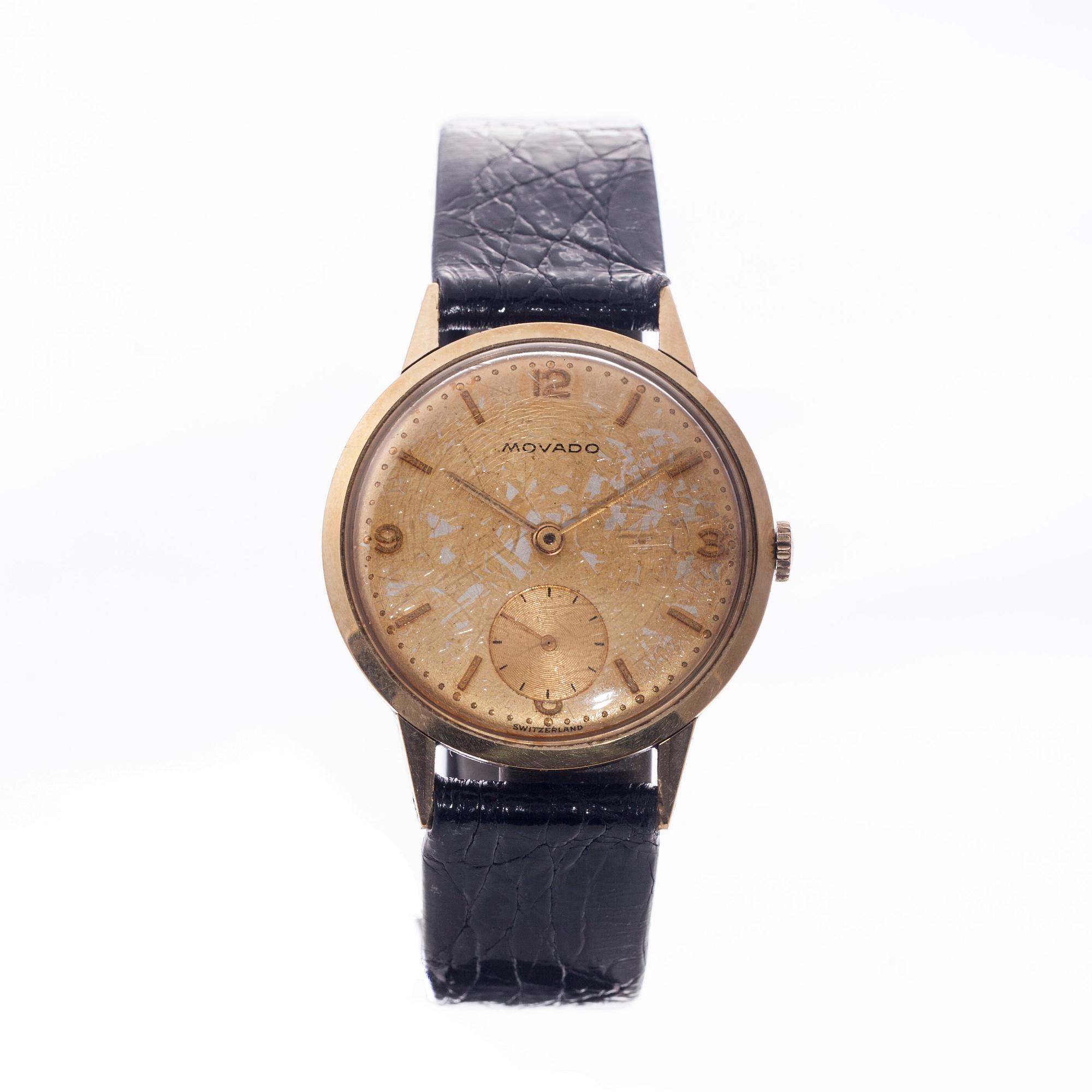 ARMBANDSUR, herr, 14K guld, Movado 1950-tal. Senare läderarmband.