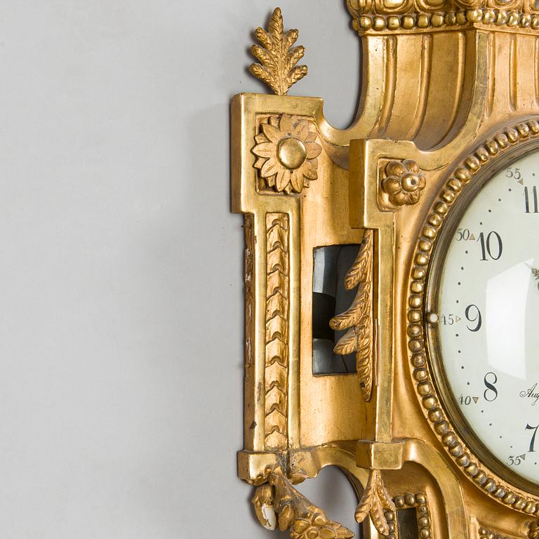 A signed Gustavian wall clock by Augustin Bourdillon (active in Stockhom 1761-1799).