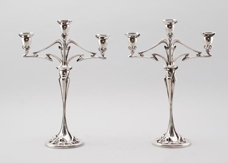 KANDELABRAR, 1 par, nysilver, jugend, tidigt 1900-tal.