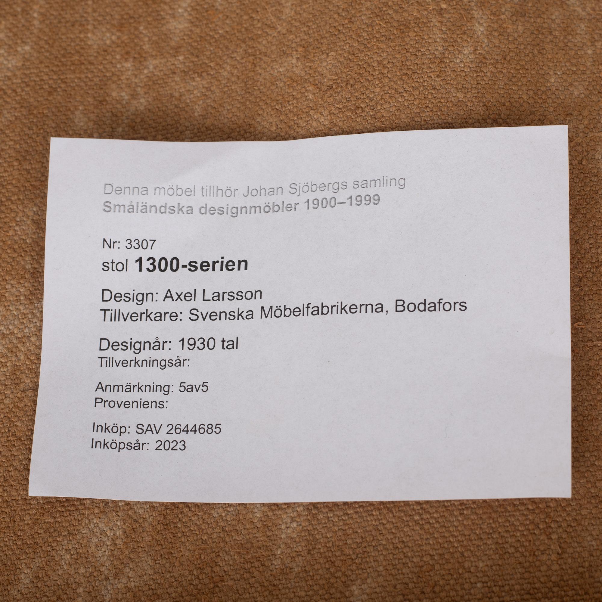 Axel Larsson, four chairs, 'Serie 1300', SMF, Bodafors, 1930s.