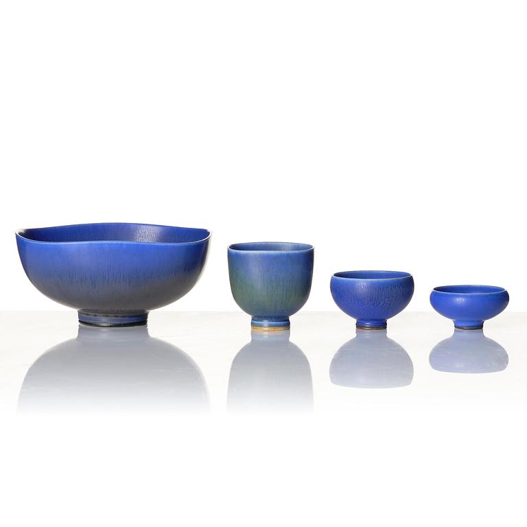 Berndt Friberg, a set of 8 miniature stoneware vases and 4 bowls, Gustavsberg Studio, 1962-68.