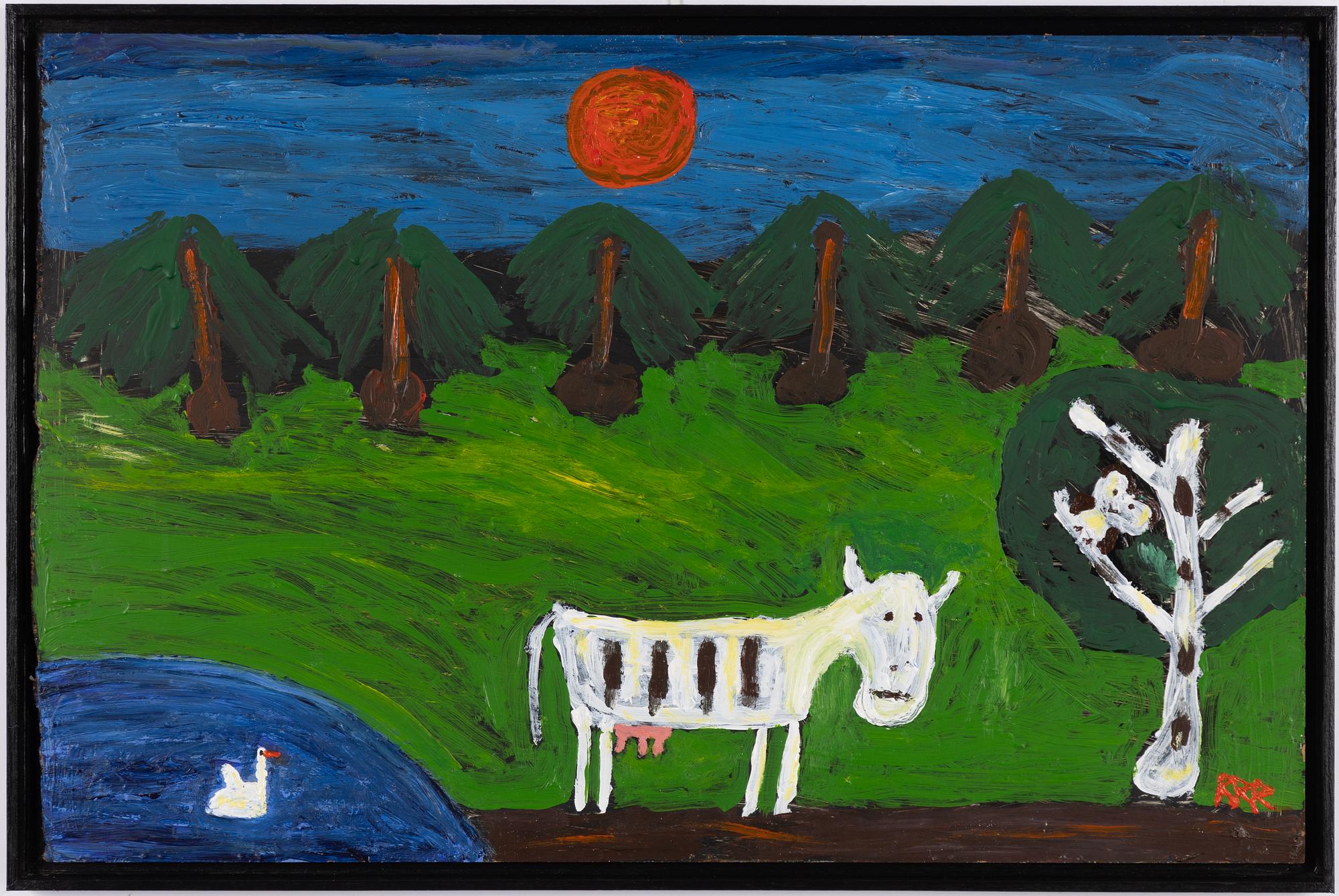 Roger Risberg, Summer landscape with cow, owl and swan.
