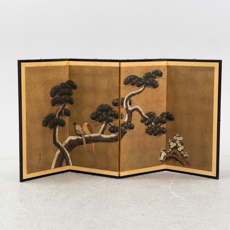 A Japanese four fold screen, 20th Century. Signed.