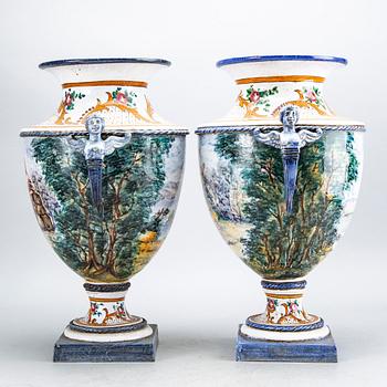 A pir of mid 20th century ceramic classical urns from Firenze Italy.