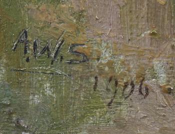 OKÄND KONSTNÄR, olja på pannå. Sign AWS o dat 1906.