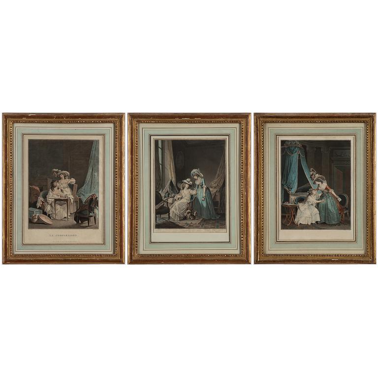 Niclas Lafrensen d.y., after. Engraver Jean Francois Janinet. Three colour engravings. I: 35.5 x 28 cm each.