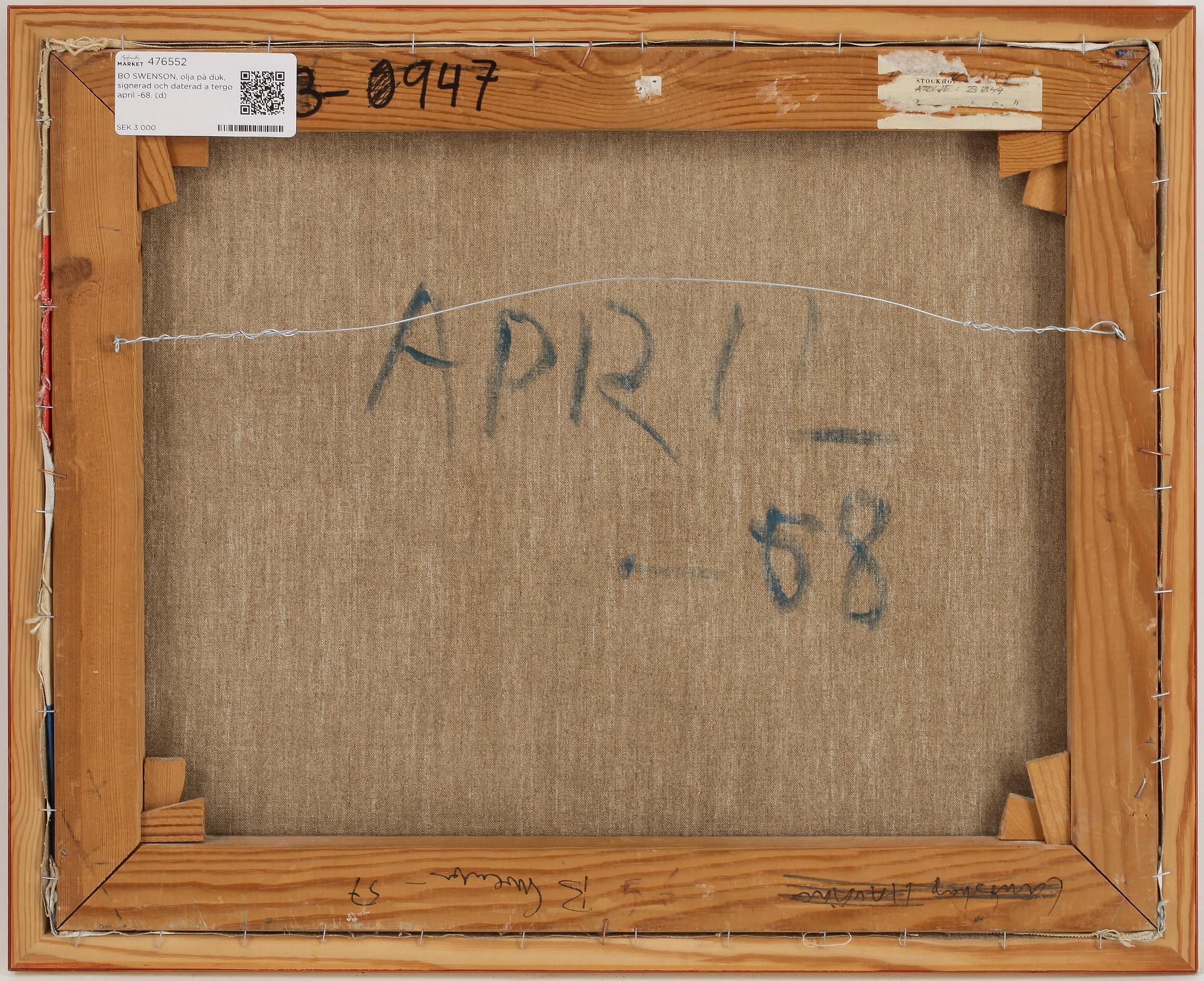 BO SWENSON, olja på duk, sign o dat a tergo april -68.