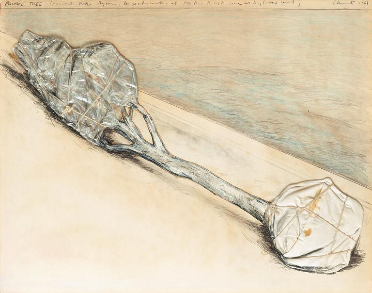 Christo & Jeanne-Claude, "Packed tree (Project for Byram, Connecticut. Mr Mrs A. List, site at Long Island sand)".