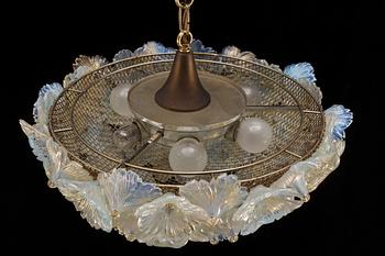 A 20th century glass and brass ceiling light, probably Murano, Italy.